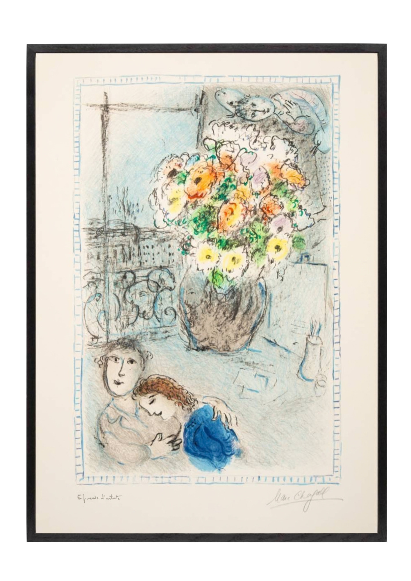 A framed sketch of a still life scene featuring a large bouquet of colorful flowers in a vase by marc chagall , a face sketch of a woman, and a couple of children, with some handwritten notes and signatures at the bottom. les renoncules