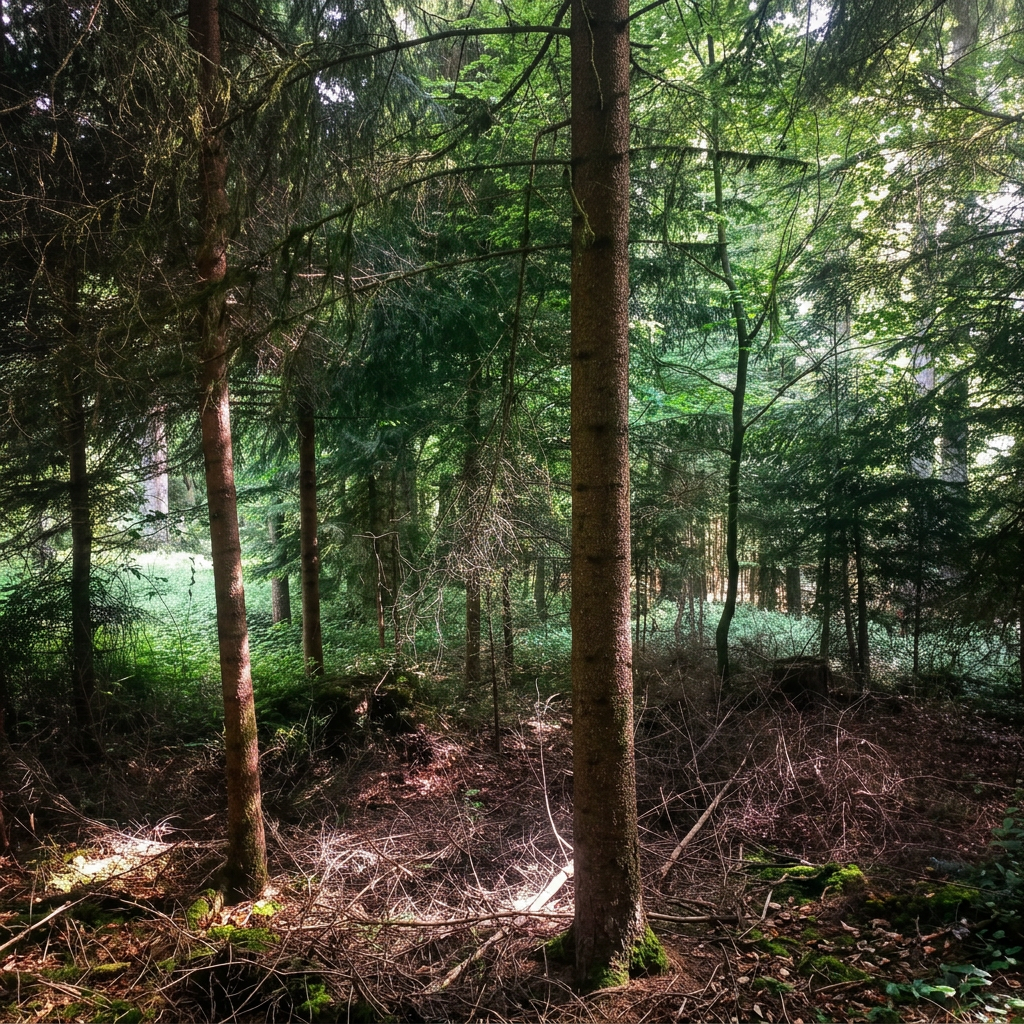 Ein Wald mit mehreren Bäumen, Sonnenlicht schimmert durch die Baumkronen, Boden bedeckt mit Zweigen und Moos.
Bäume nach der Dickungspflege erhöht das Wachstum