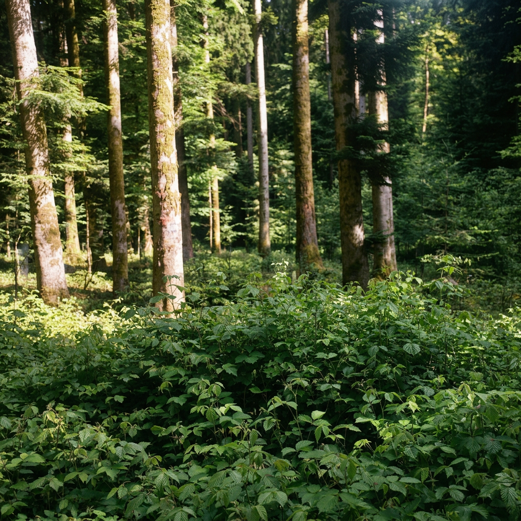 Ein Wald mit hohen Bäumen und dichtem Unterholz in sonnigem Licht.
