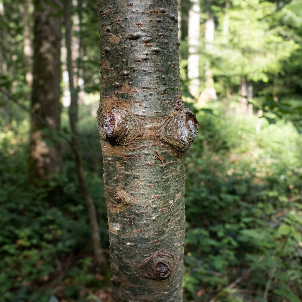 Nahaufnahme eines Baumstamms mit mehreren Knoten in einem Wald mit grünen Blättern im Hintergrund.
Eine Douglasie nach der Wertastung