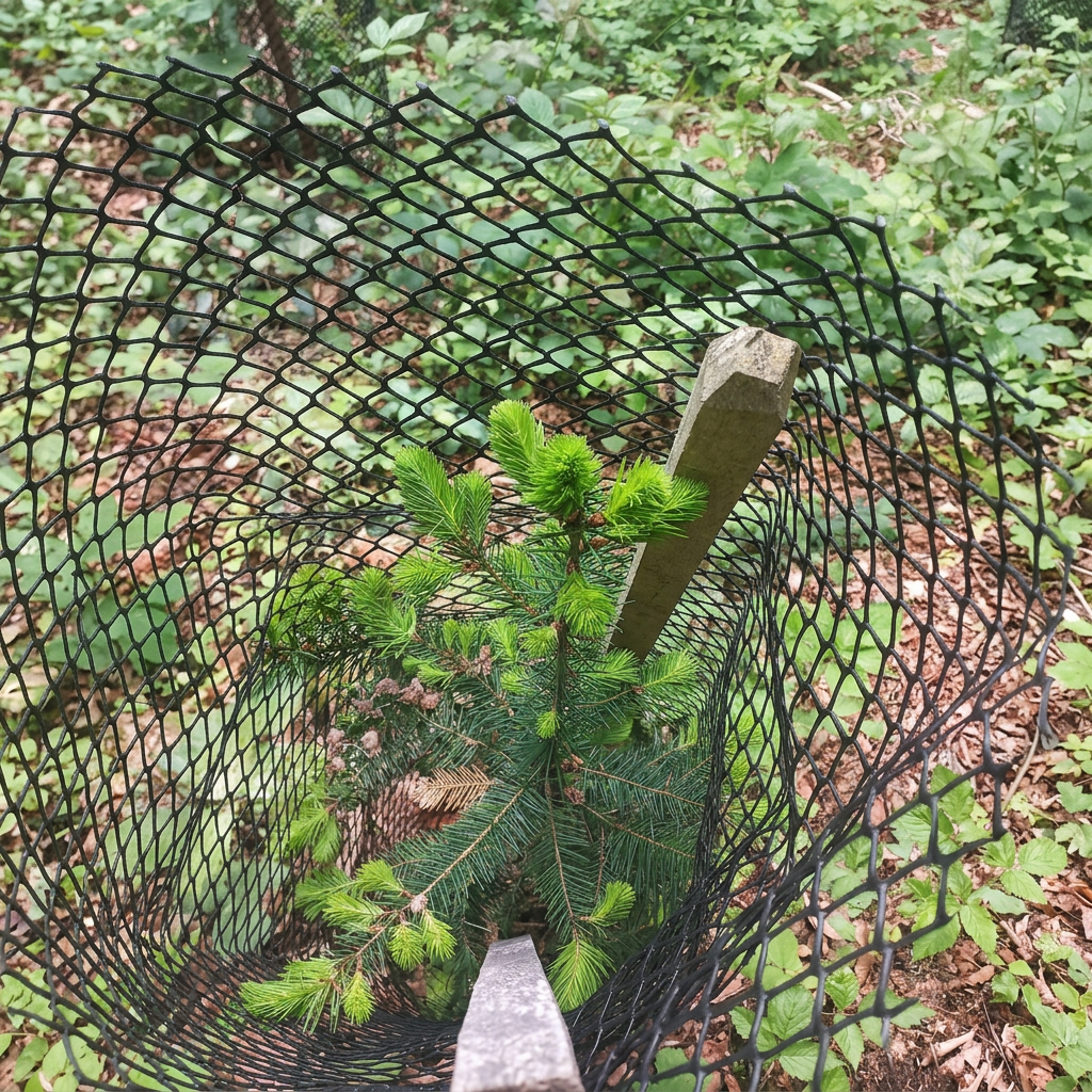Jungbaum in einem Schutzkorb im Wald.