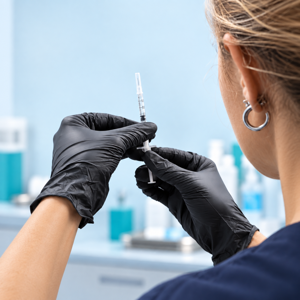 Clinician wearing gloves preparing a syringe for an injection.