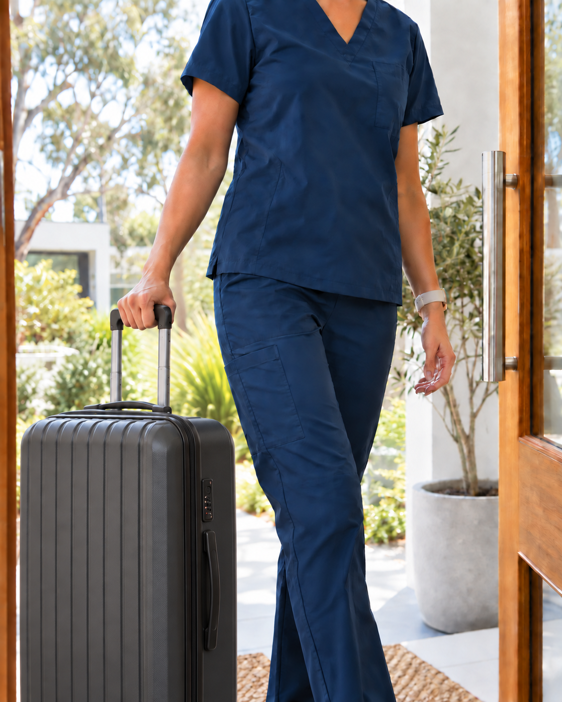 A healthcare worker in navy scrubs walking out of a building with a rolling suitcase.