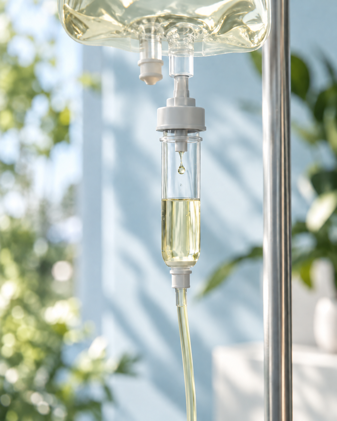 An IV drip with clear yellow liquid hanging from a metallic stand, against a background of blurred green leaves and bright sunlight.