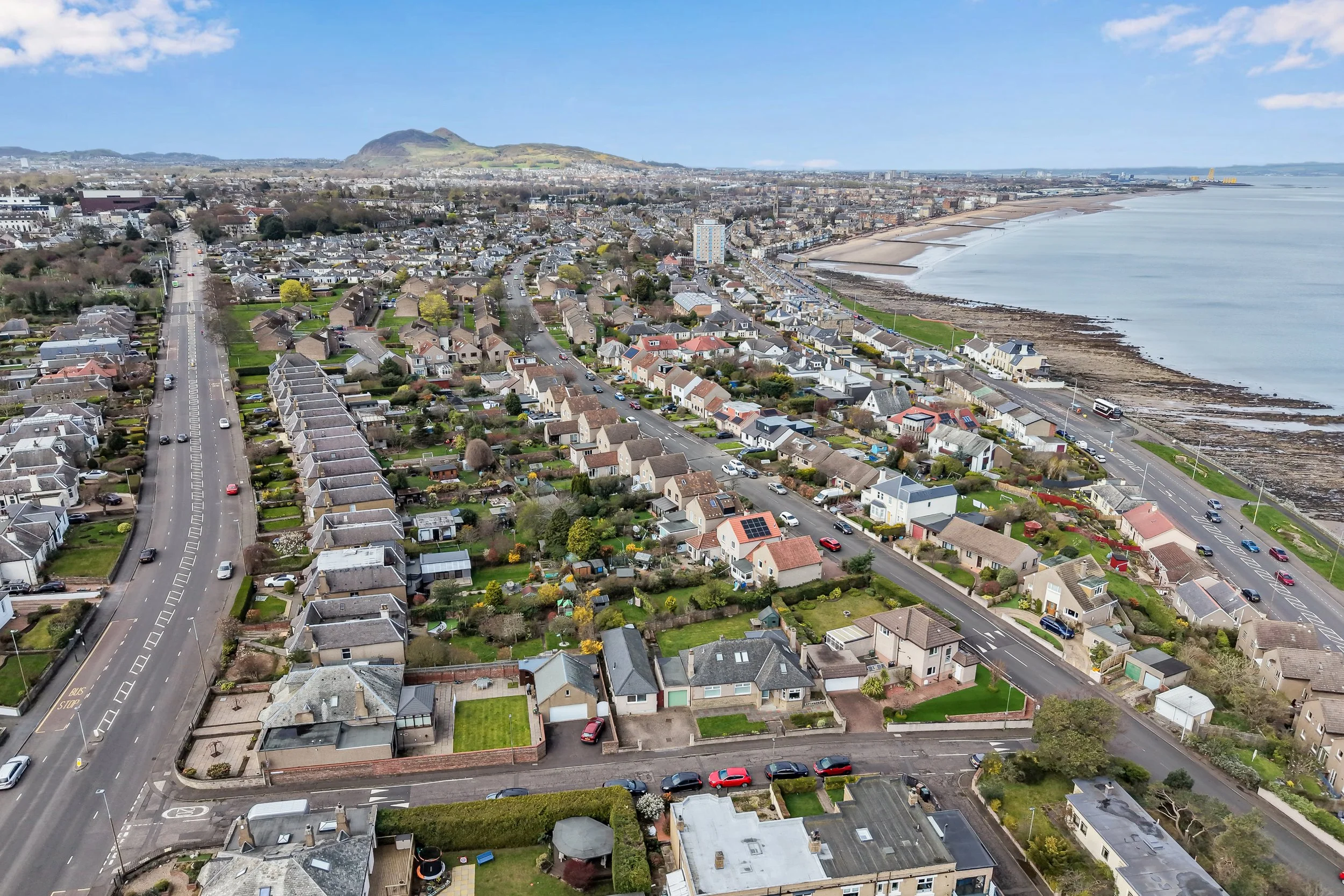 Aerial view of a coastal neighborhood with houses, streets, and gardens along the shoreline, with a beach and water on the right side and a mountain in the background.