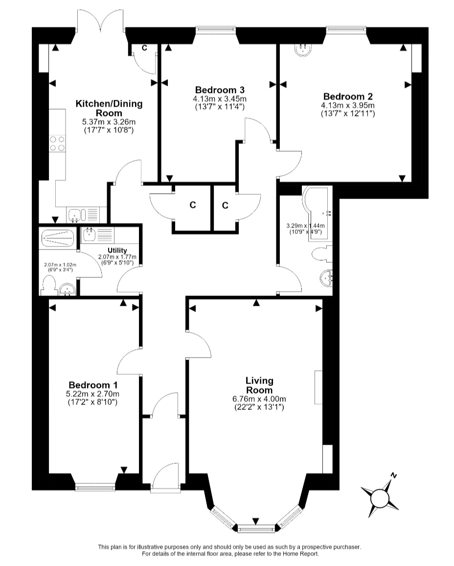 Floor plan of a house with labeled rooms including three bedrooms, a living room, a kitchen/dining room, a utility room, and bathrooms, with measurements in meters and feet.