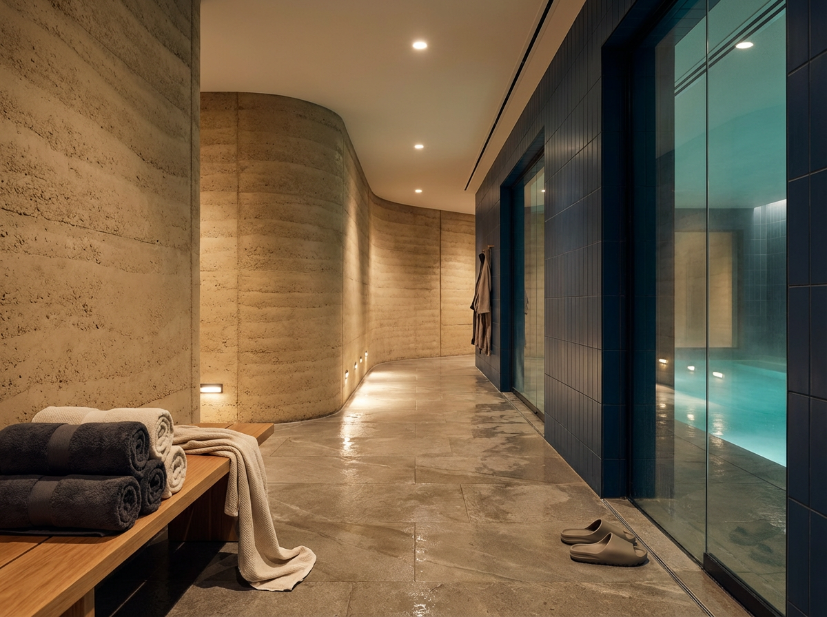 Indoor spa or pool area with beige stone walls, a curved wall, wooden bench with rolled towels and a robe, and a glass partition showing a swimming pool. Pair of slippers on the floor.