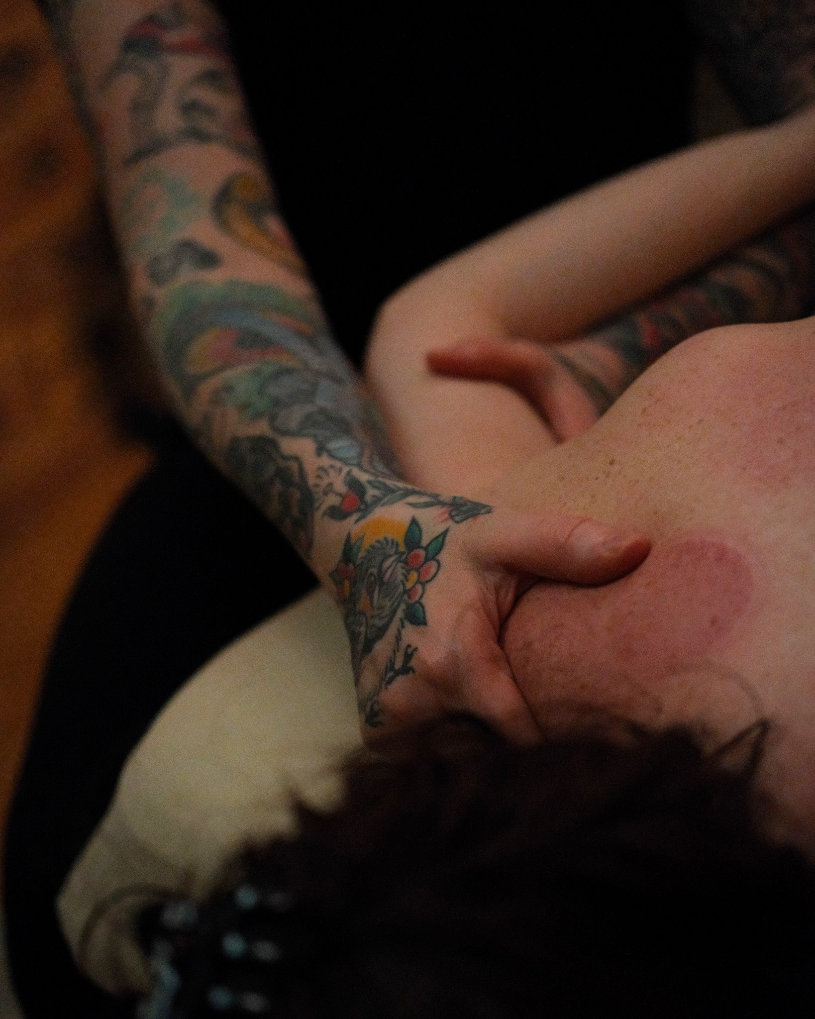 Close-up of a person’s arm with colorful tattoos and a dog's nose close to the arm.