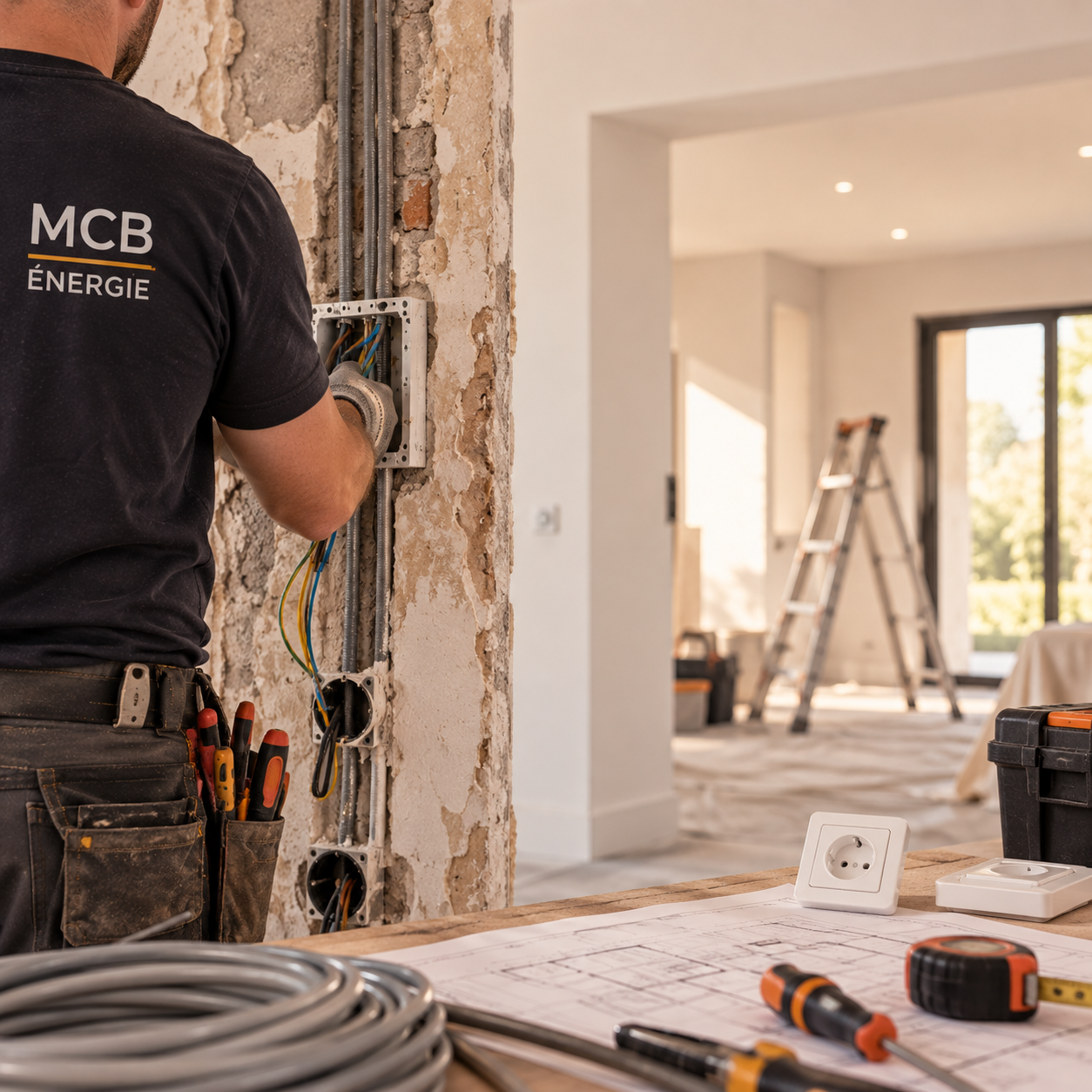 Un électricien travaillant dans une maison en construction, installant un tableau électrique. Il porte un t-shirt noir avec le logo MCB Énergie. Des outils et un plan sont posés sur un plan de travail.