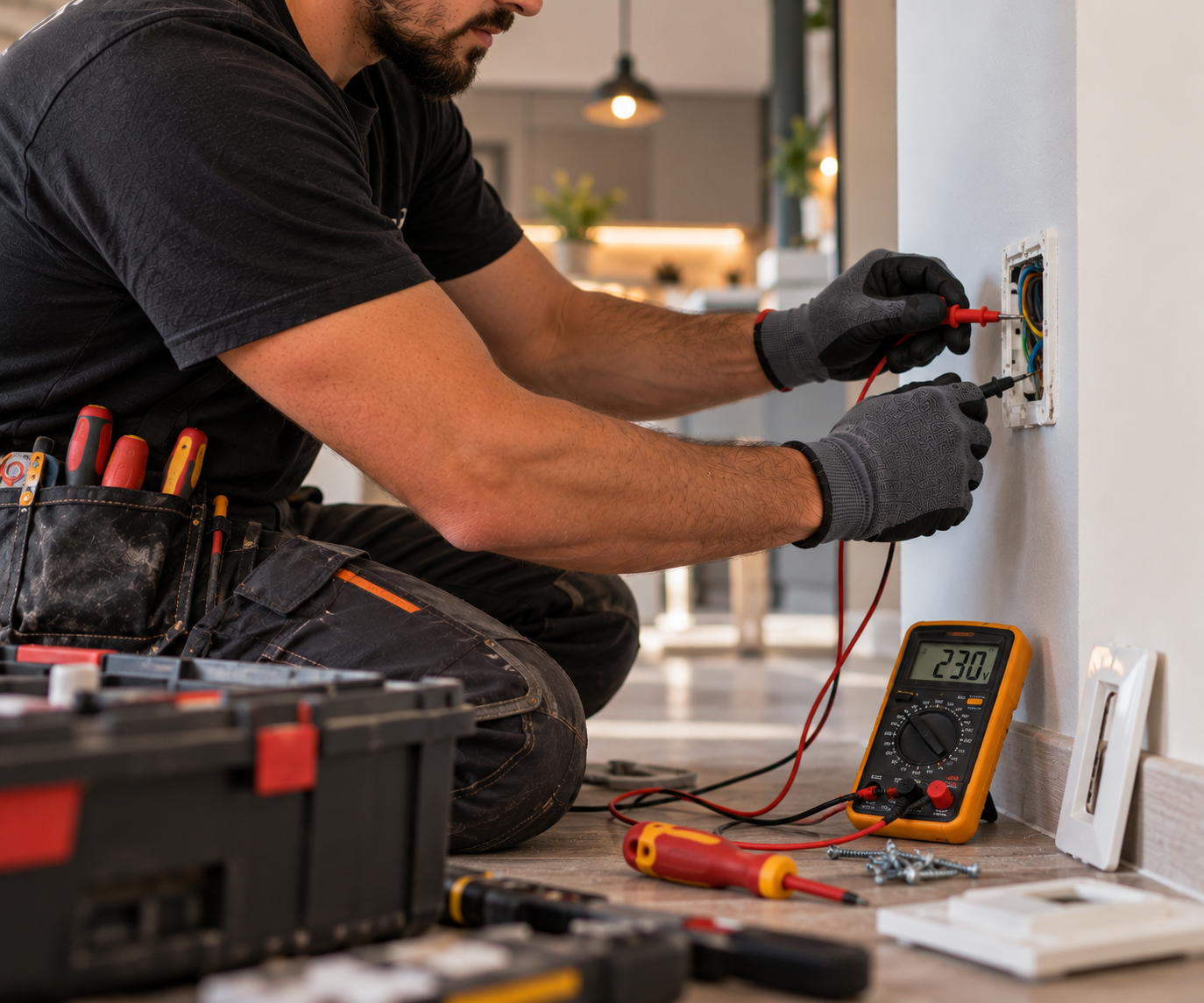 Un homme enroule des fils électriques dans une maison. Il porte des gants de travail et un outil de test électrique est posé à côté de lui.