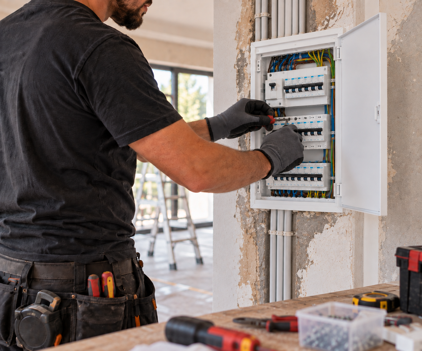 Un électricien travaille dans un tableau électrique avec des outils et des câbles.