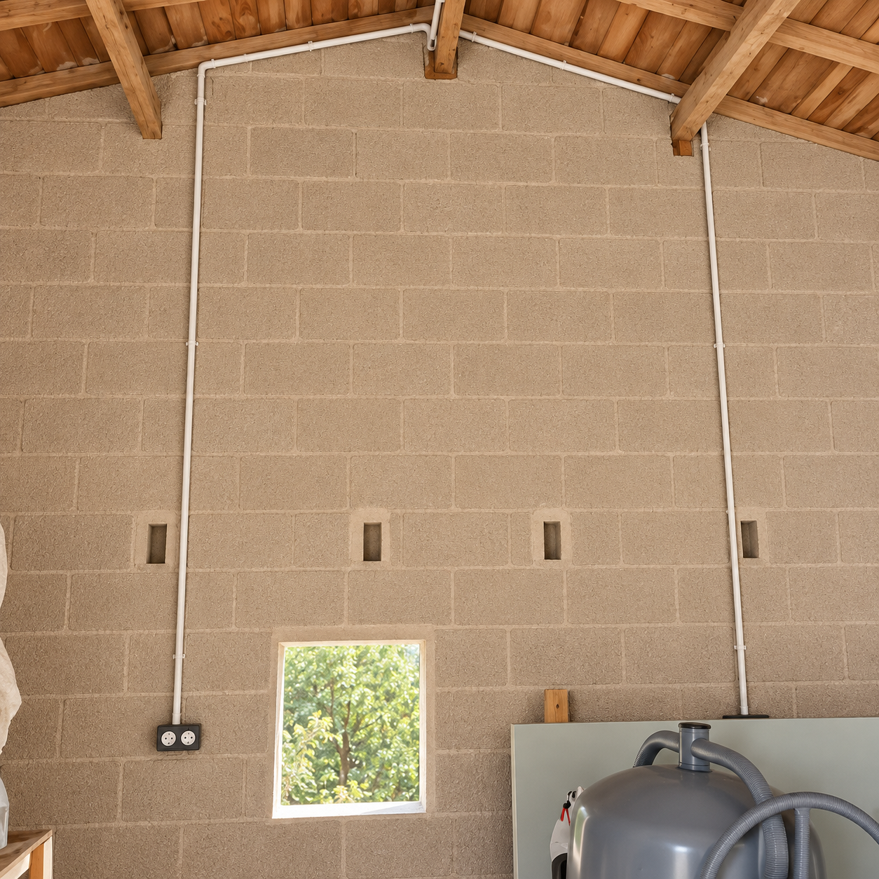 Mur en blocs de béton avec deux prises électriques, une petite fenêtre laissant entrer la lumière naturelle et un réservoir gris avec un tuyau, dans un intérieur non fini avec un plafond en bois.