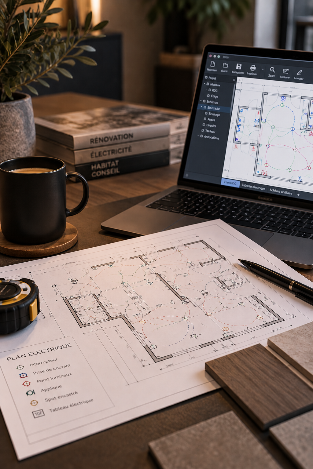 Plan électrique avec diverses couleurs et symboles, un ordinateur portable affichant un logiciel de conception électrique, des livres sur la rénovation, l'électricité, l'habitat et le conseil, une tasse de café, un ruban à mesurer, et des échantillons de matériaux sur une tablette.