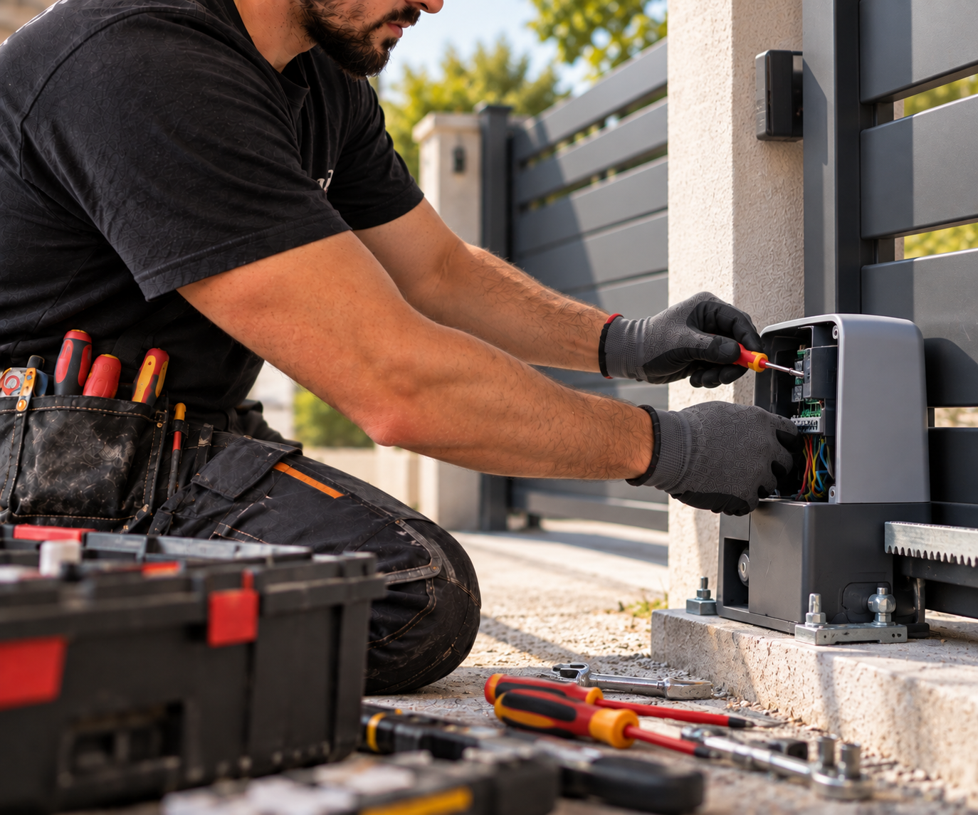 Un technicien installe ou répare un système électrique à l'extérieur, avec des outils et un boîtier électrique.