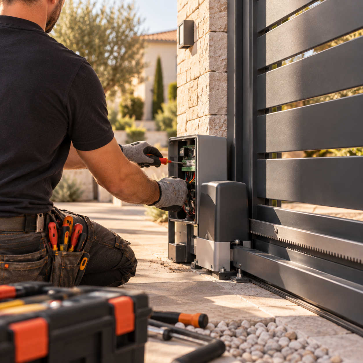 Un homme effectue des travaux d'installation de motorisation pour une porte de clôture électrique. Il utilise un tournevis pour travailler sur le mécanisme électrique de la porte.
