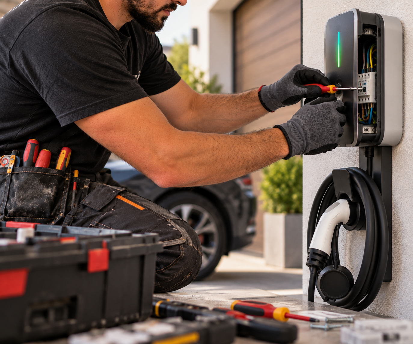 Un technicien installe ou répare une borne de recharge électrique pour voiture à l'extérieur d'une maison.