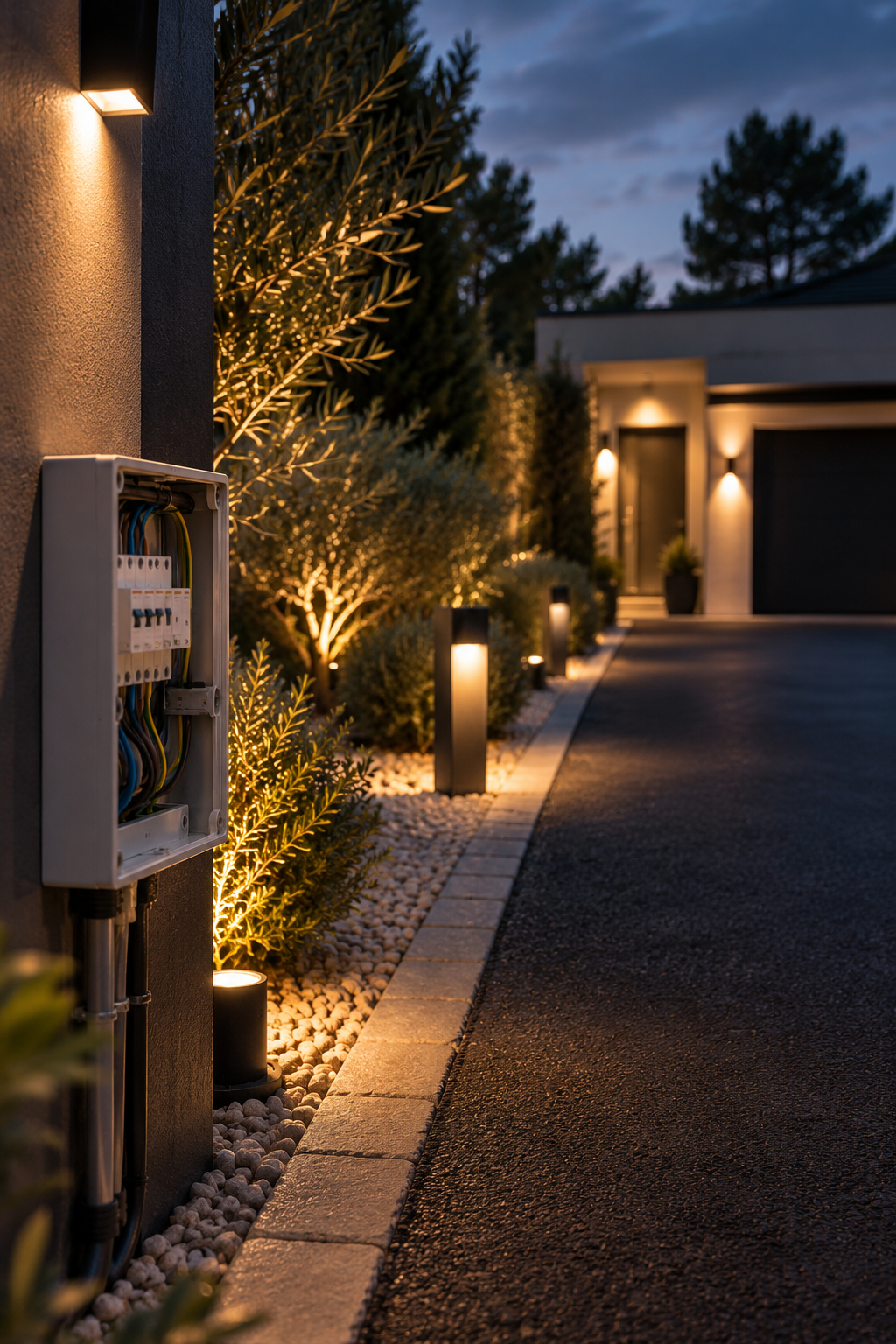 Câble électrique dans une boîte à côté du mur d'une maison avec des lumières de jardin allumées, le soir.