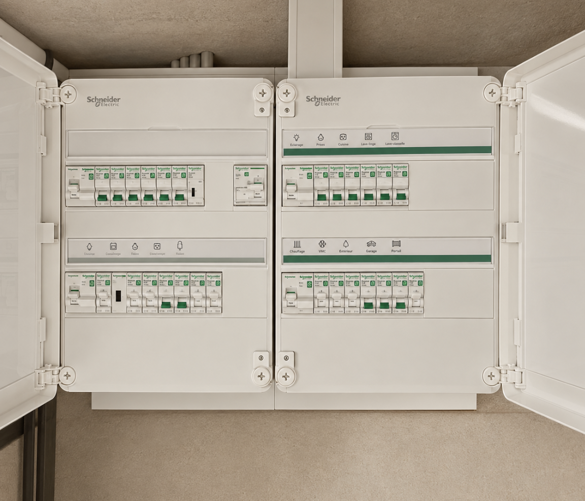Tableau électrique avec disjoncteurs et commandes électriques.