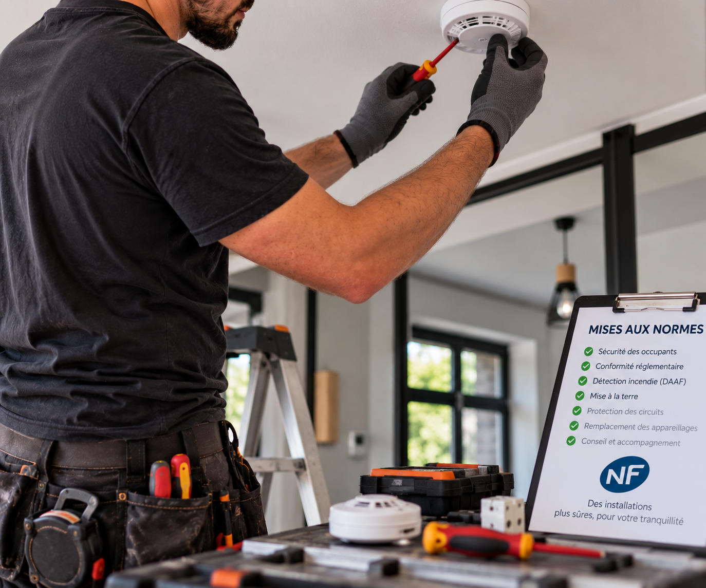 Un ouvrier installe un détecteur de fumée dans un intérieur moderne avec une échelle en arrière-plan, une table avec des outils et une affiche des normes de sécurité.