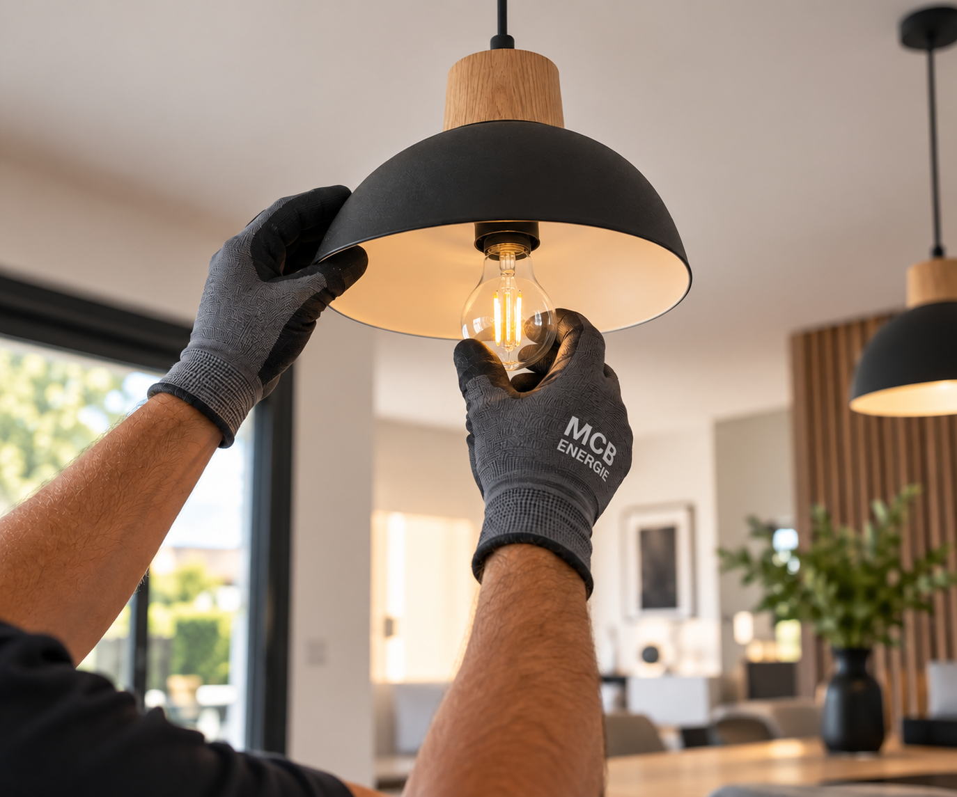 Une personne en train de changer une ampoule dans un plafond avec des mains gantées. La pièce est lumineuse avec des meubles modernes et une pièce décorative en bois.