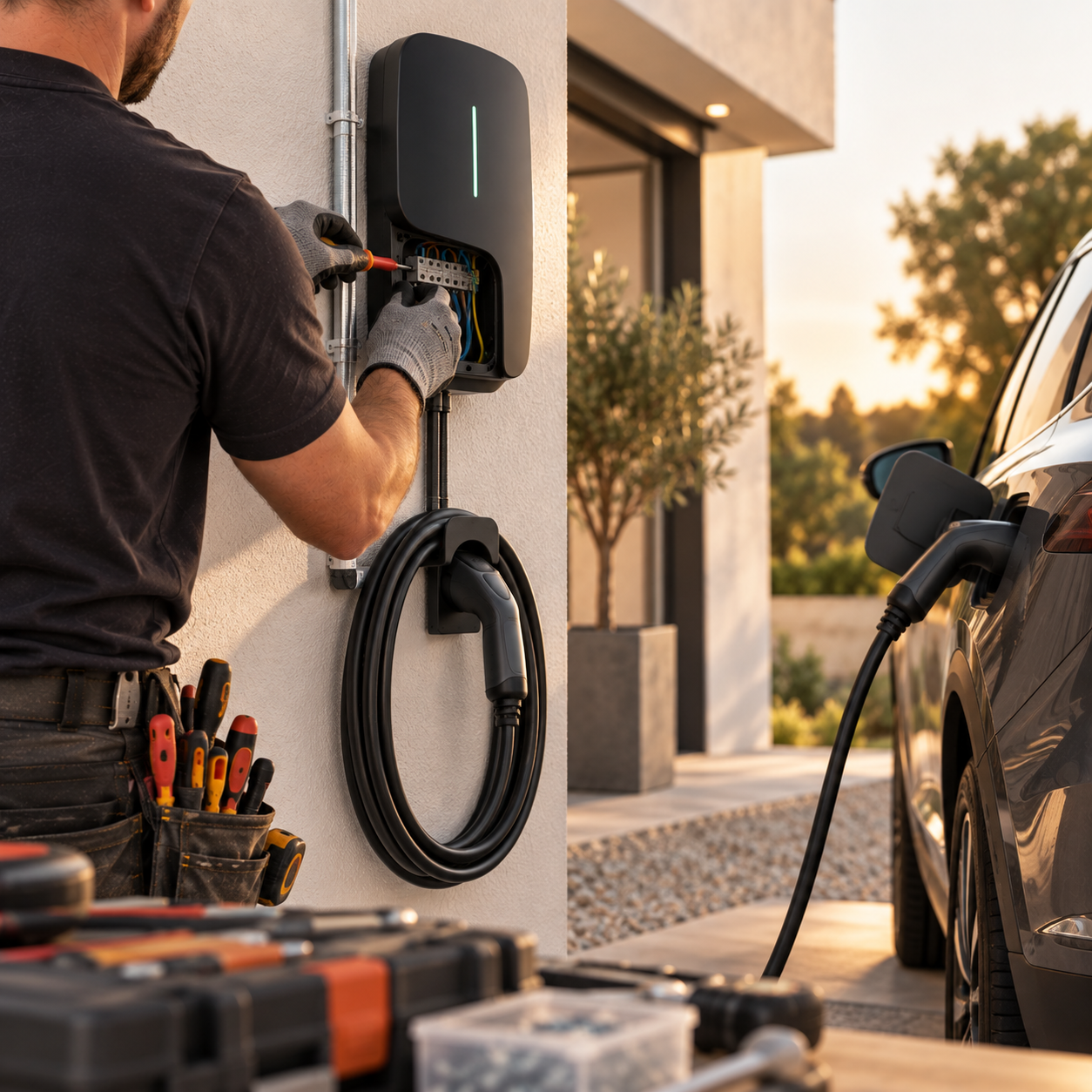 Un technicien installe une station de recharge pour voiture électrique à l'extérieur de bâtiment pendant le coucher de soleil.