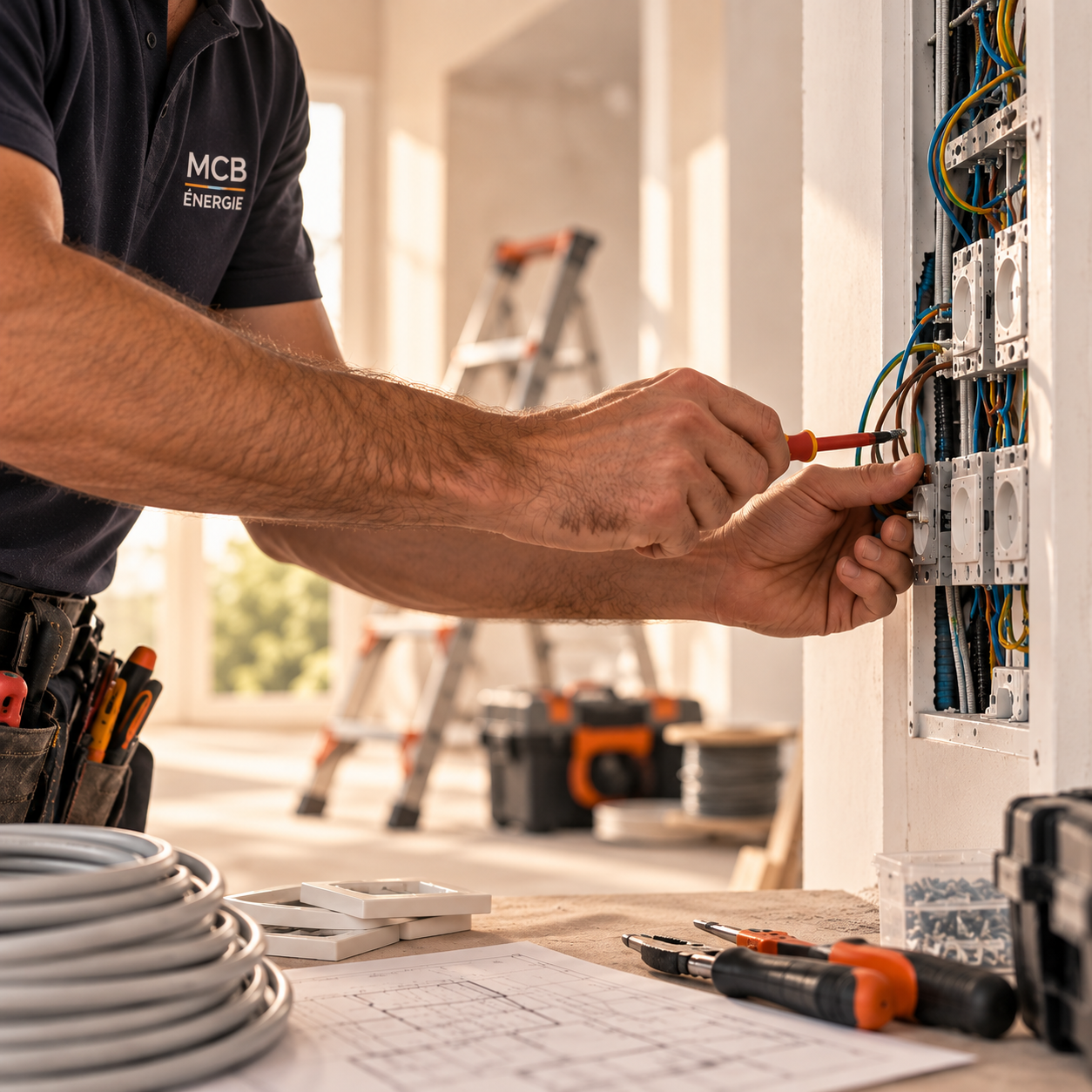 Un technicien effectue des travaux d'électricité dans une boîte électrique encastrée dans le mur, avec des outils et des plans sur une table.