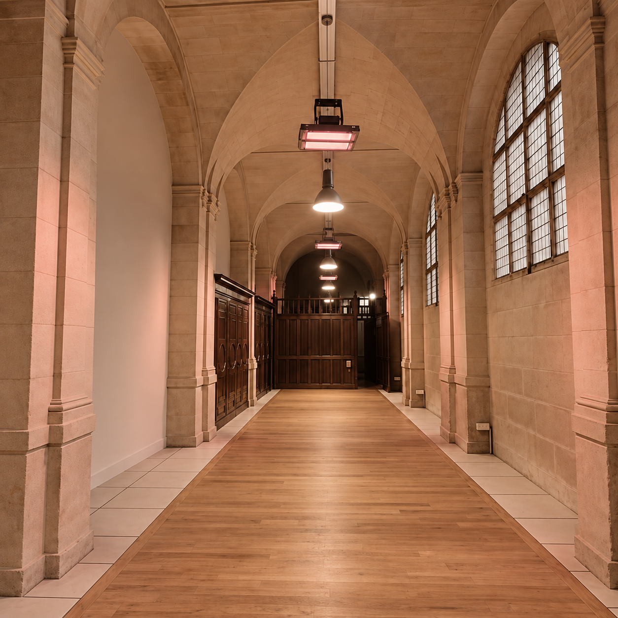 Intérieur d'un couloir dans un bâtiment avec arches en pierre, grandes fenêtres avec volets en verre, et éclairage suspendu.