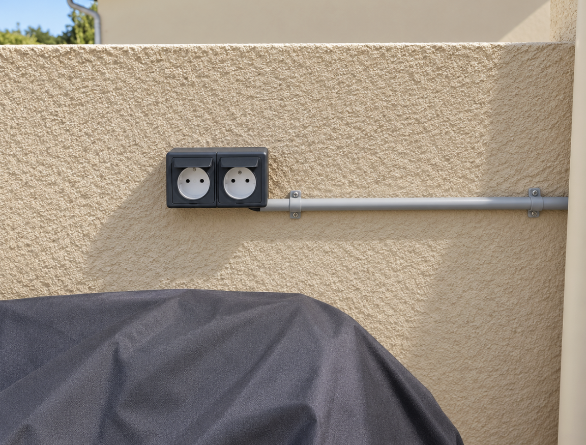 Prise électrique double noire fixée sur un mur beige avec conduit électrique