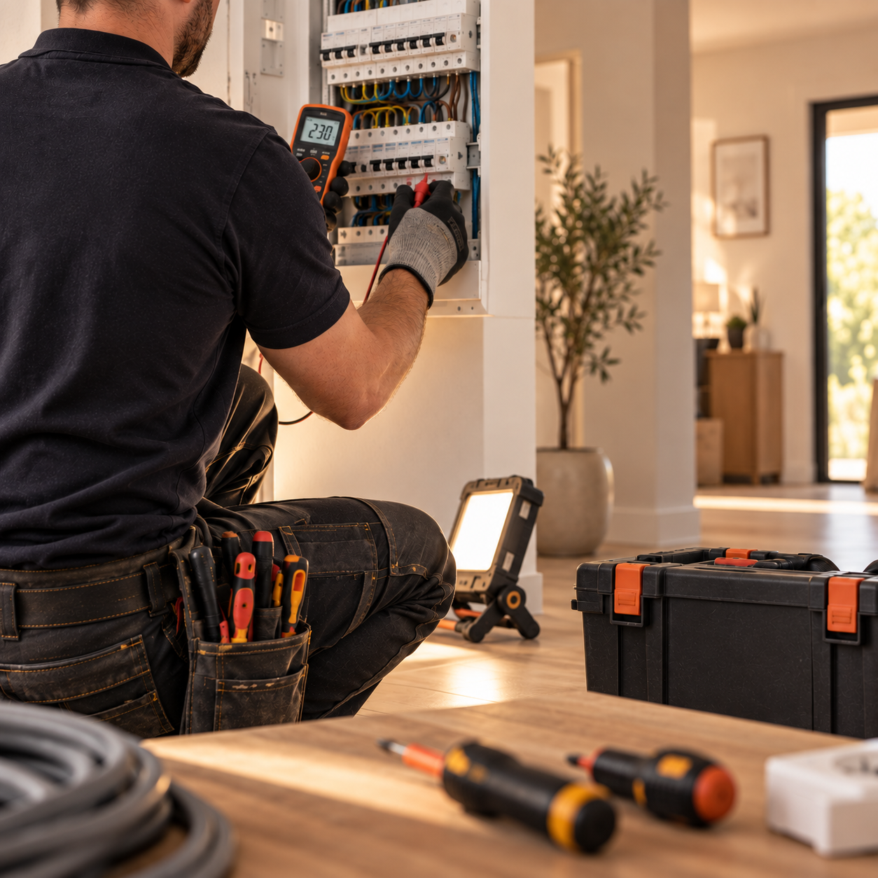 Un technicien effectuant des travaux électriques dans une maison, utilisant un multimètre et ayant une boîte à outils à ses côtés.