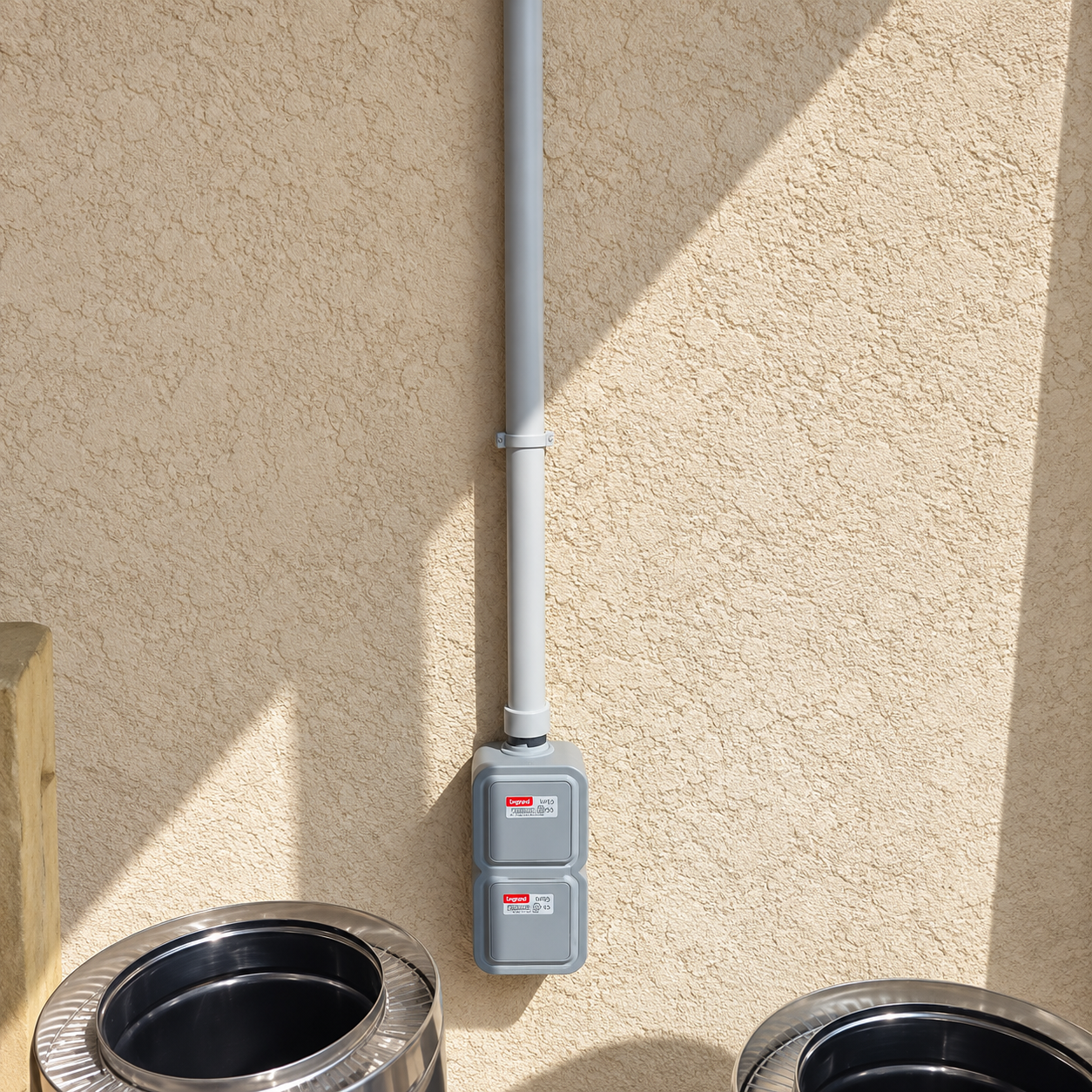 Prise électrique extérieure sur un mur beige à proximité d'une gamelle en acier inoxydable.