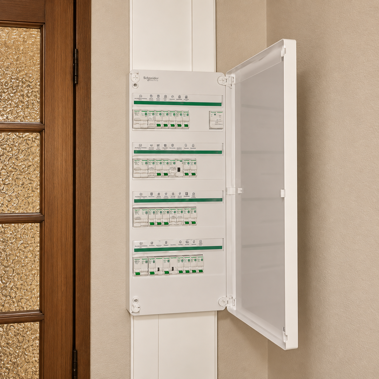 Panneau électrique blanc fixé au mur intérieur, avec plusieurs interrupteurs et dispositifs de sécurité, à côté d'une porte en bois avec vitre décorative.