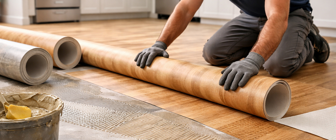 Person installing hardwood flooring, kneeling on the floor with a roll of hardwood flooring under his hands, with other rolls nearby, in a room with white cabinetry.