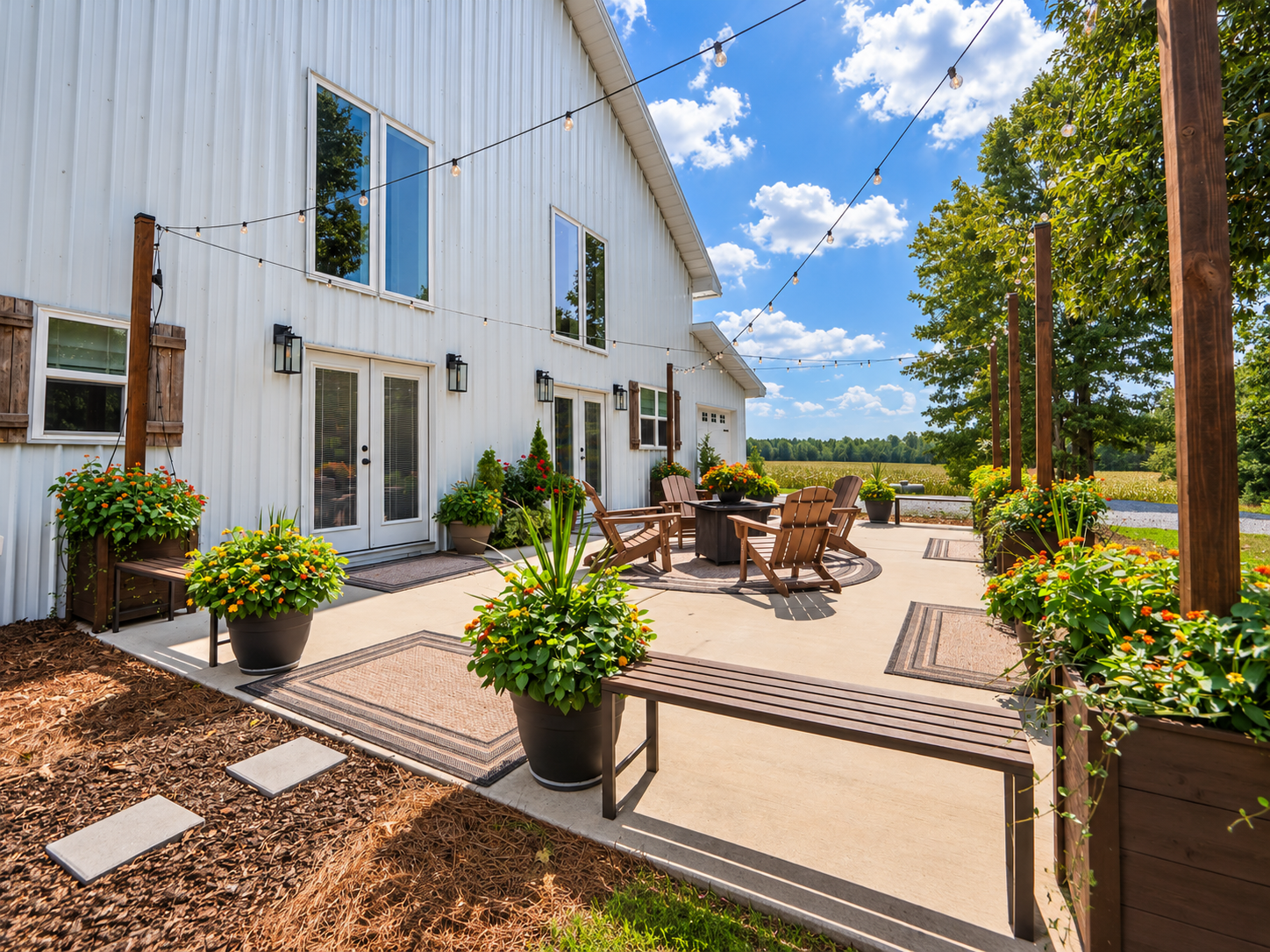A spacious outdoor patio area with potted flowers, wooden chairs, and string lights under a clear blue sky.