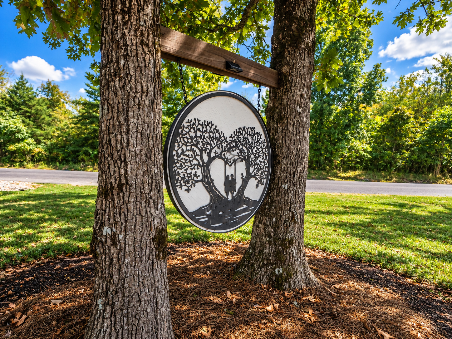 Decorative hanging sign featuring a silhouette of a couple sitting on a swing under a large tree, suspended between two trees in a park setting.
