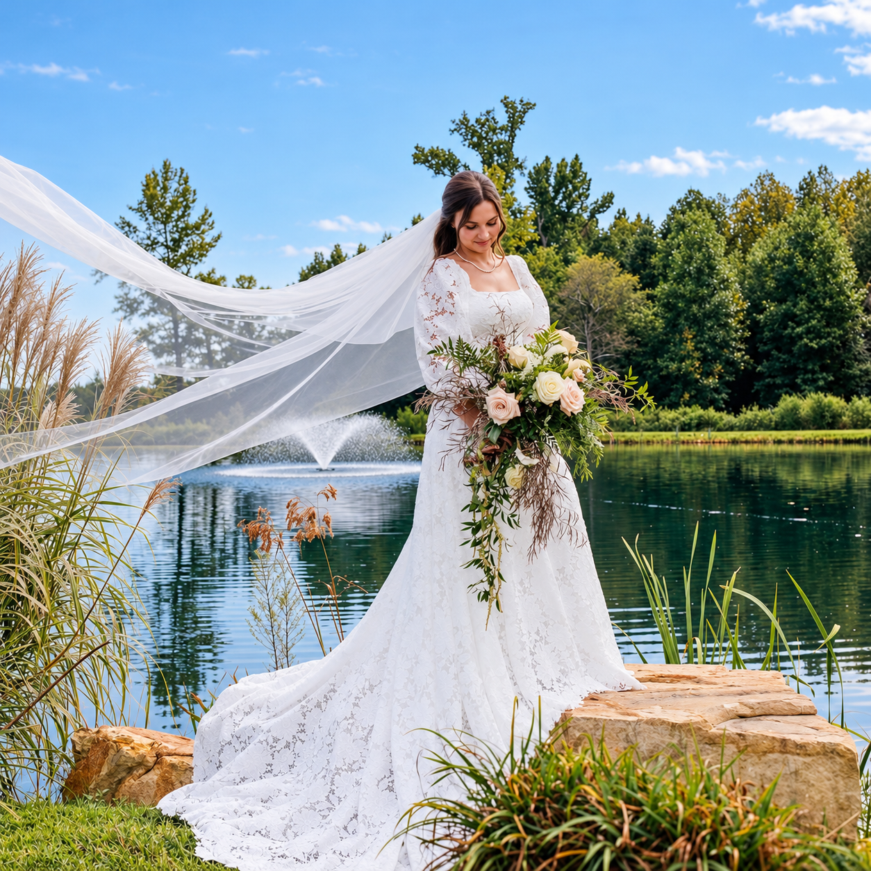A bride in a white lace wedding dress holding a bouquet of roses and greenery stands by a pond in a park, with a fountain, trees, and a blue sky in the background.