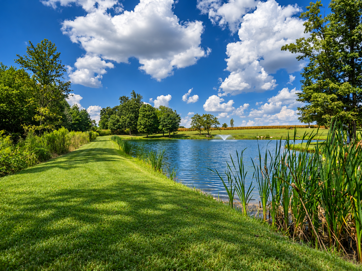 A scenic landscape with a grassy path beside a lake, surrounded by trees under a blue sky with fluffy white clouds, and a fountain in the lake.