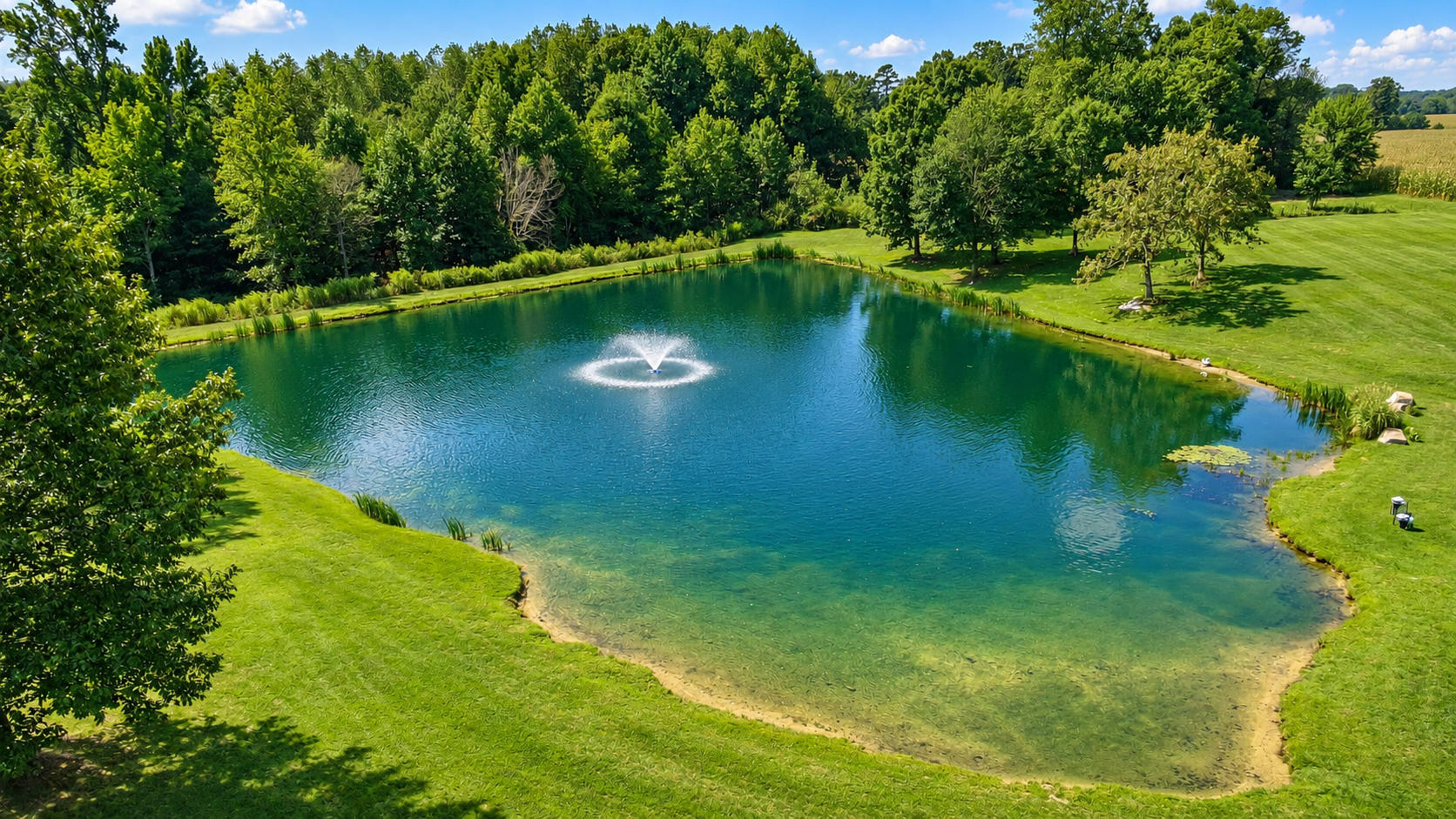 A man-made pond with a fountain in the center, surrounded by green grass, trees, and a well-maintained lawn on a sunny day.