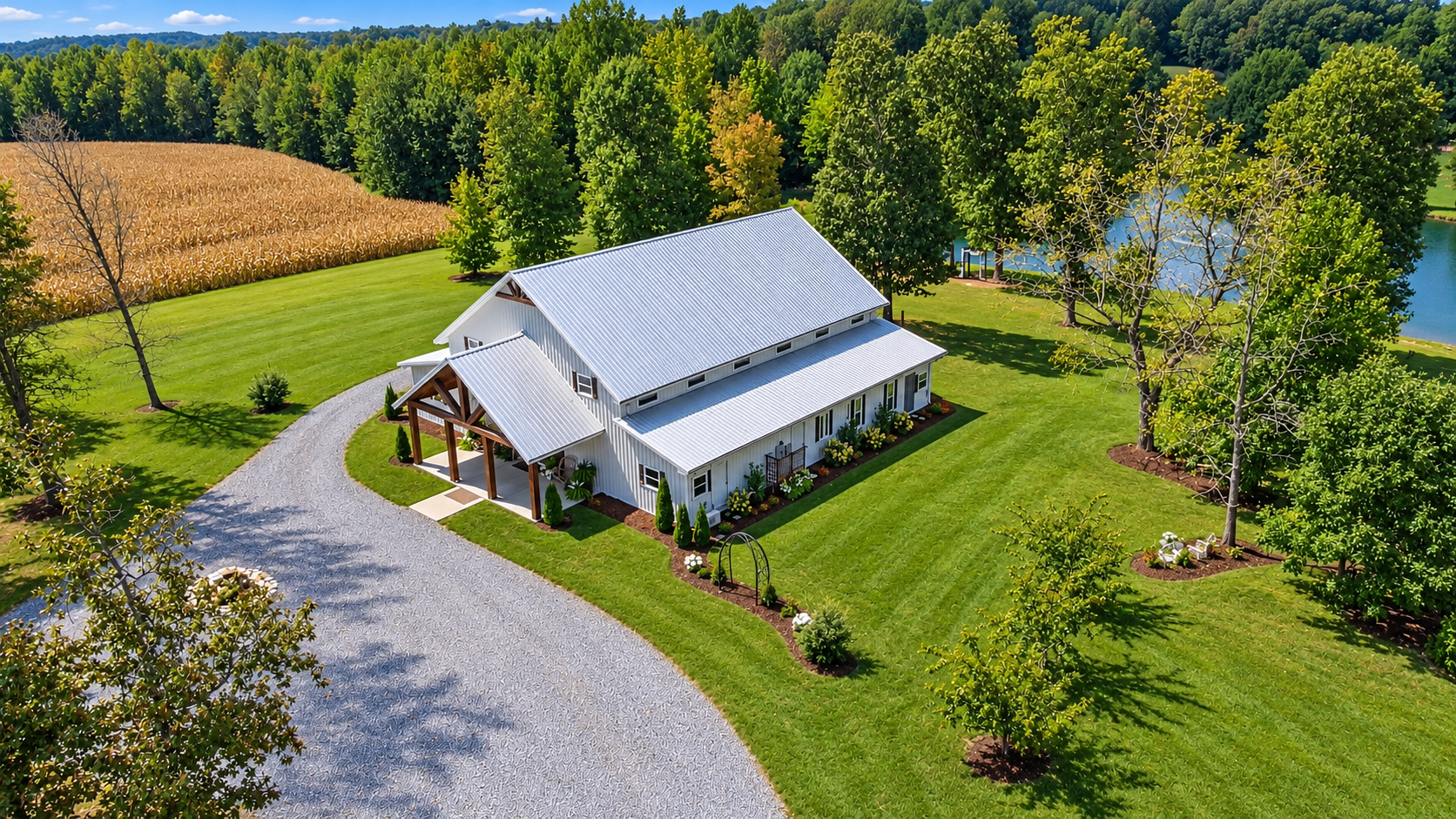 A white barn with a metal roof surrounded by a lush green lawn, trees, and a small pond in the background, with a gravel driveway leading to the barn.