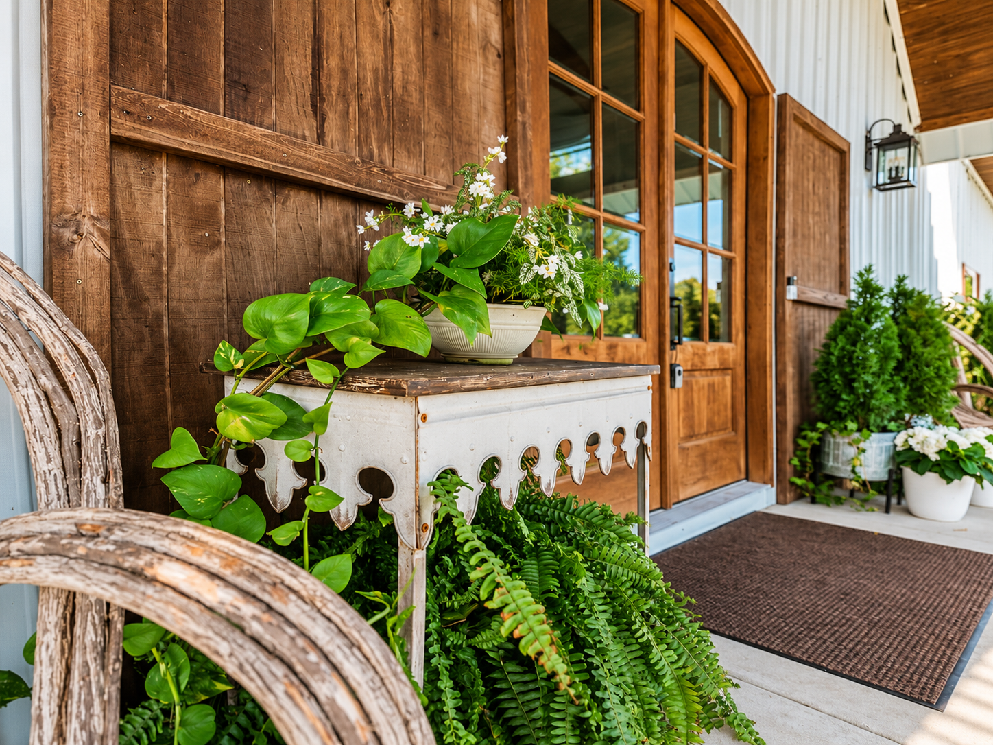 Front porch with a white vintage metal table holding a floral arrangement, surrounded by various green plants, with a wooden door and window, a doormat, and outdoor lighting.