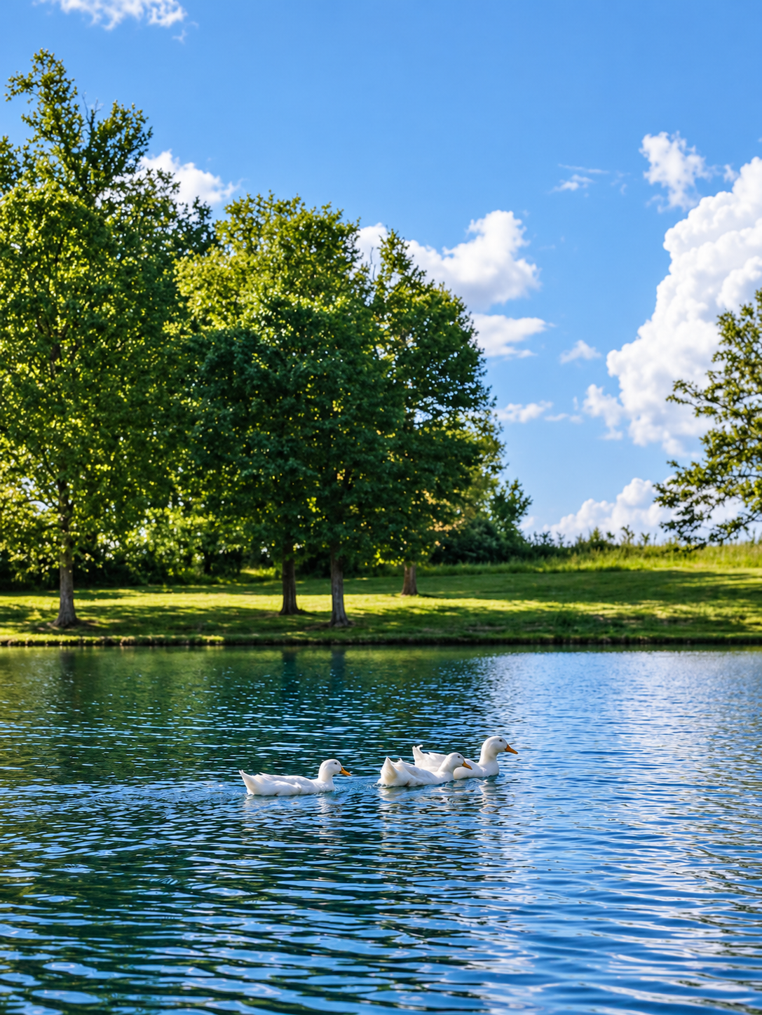 Four white ducks swimming in a pond with a grassy bank and green trees under a partly cloudy blue sky.