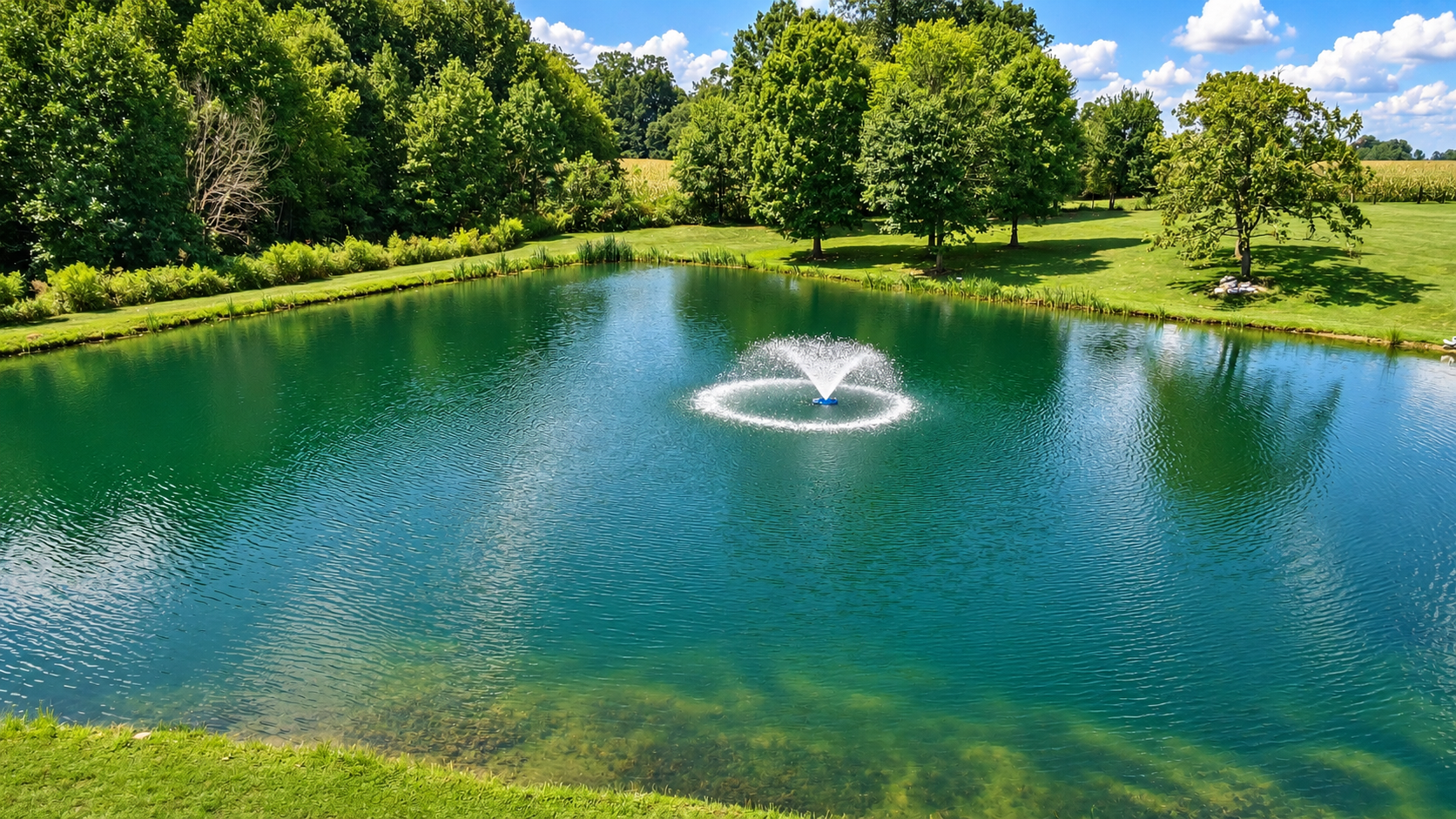 A serene pond with a fountain in the center, surrounded by green trees and grass, under a partly cloudy sky.