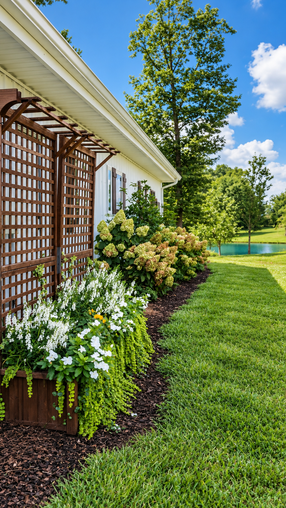 A well-maintained backyard garden with a white house, brown wooden trellis, blooming white and green plants, lush green grass, and trees near a pond on a sunny day with blue skies and clouds.