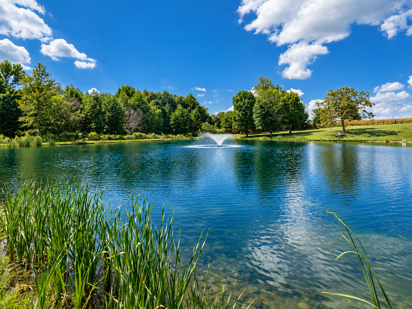 A peaceful pond with a fountain, surrounded by green trees and grass, under a blue sky with fluffy white clouds.