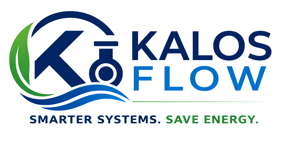 Logo for Kalos Flow with blue and green elements, waves, and the tagline "Smarter Systems. Save Energy."