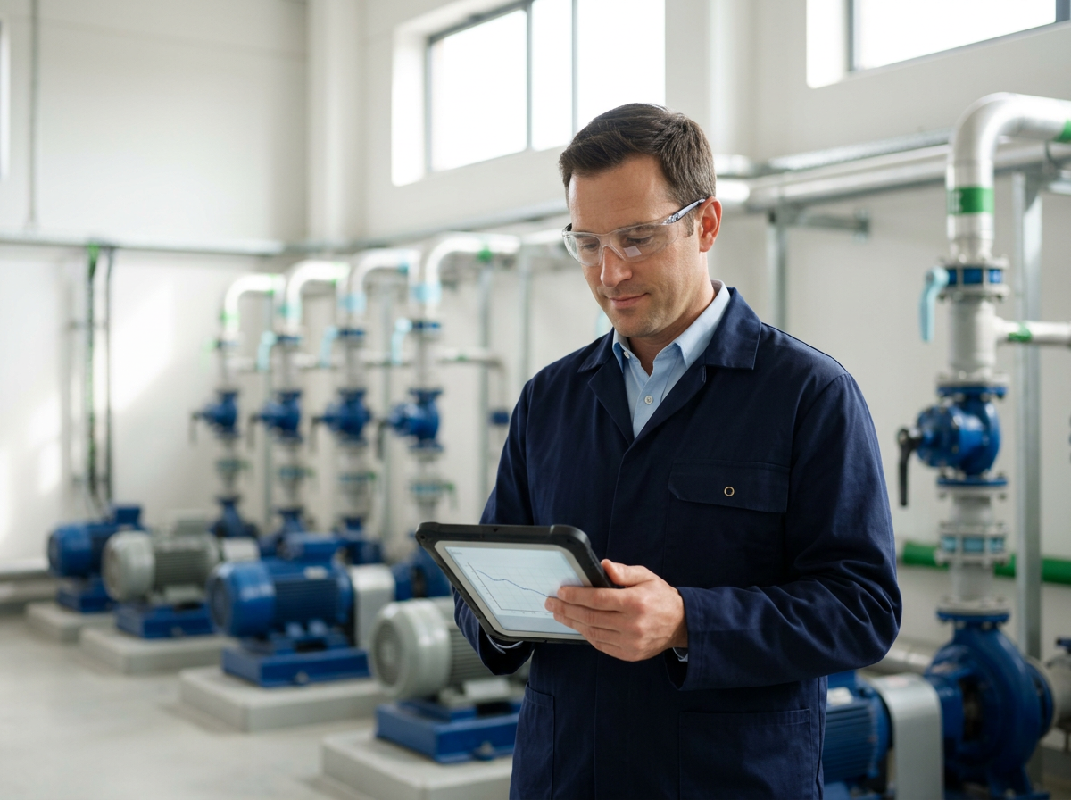A man wearing safety goggles and a navy blue lab coat stands in a laboratory or industrial setting, holding a tablet with a graph displayed on the screen, with machinery and pipes in the background.
