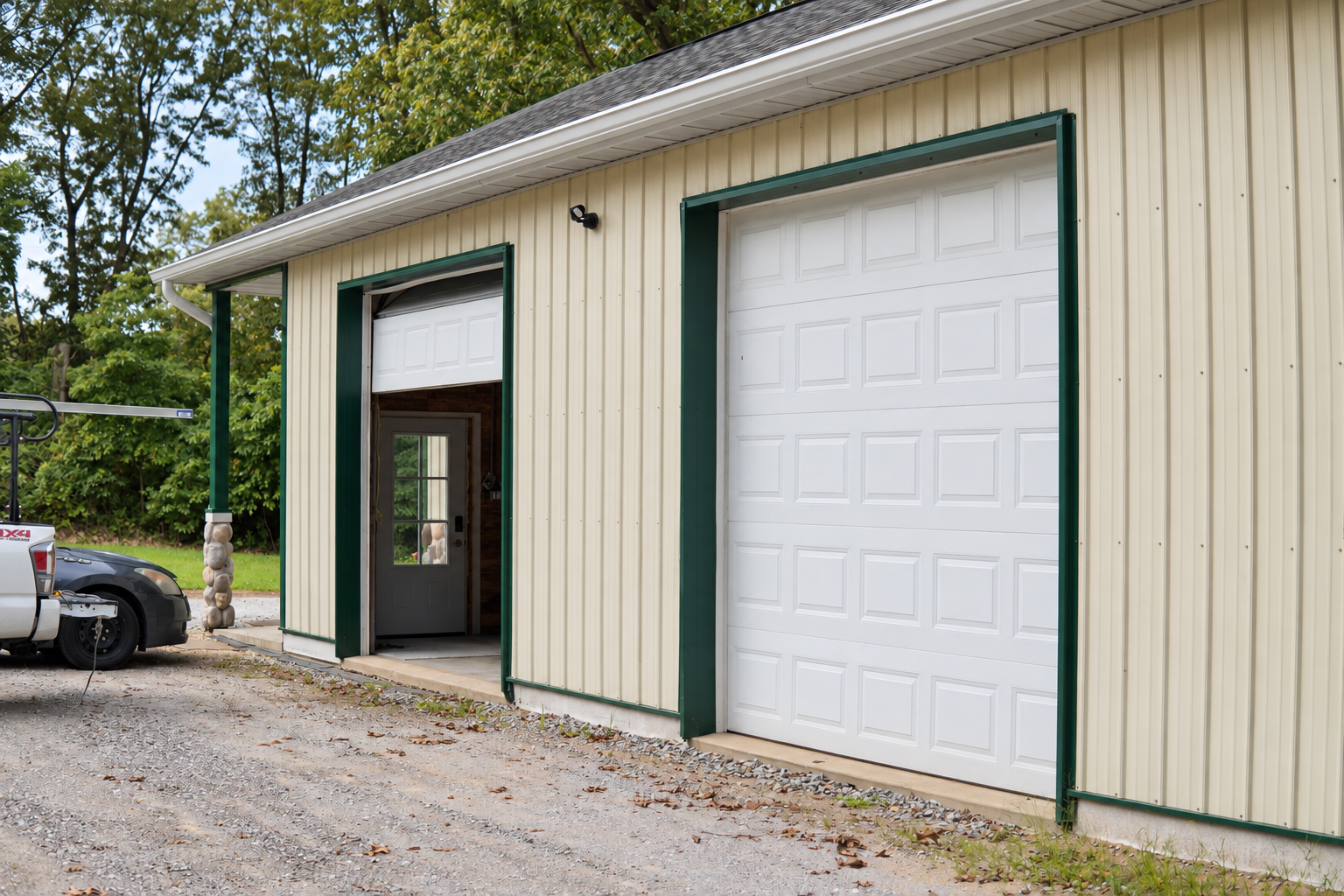 Exterior of a beige metal garage with two white garage doors surrounded by green trim, with a gravel driveway and green trees in the background.