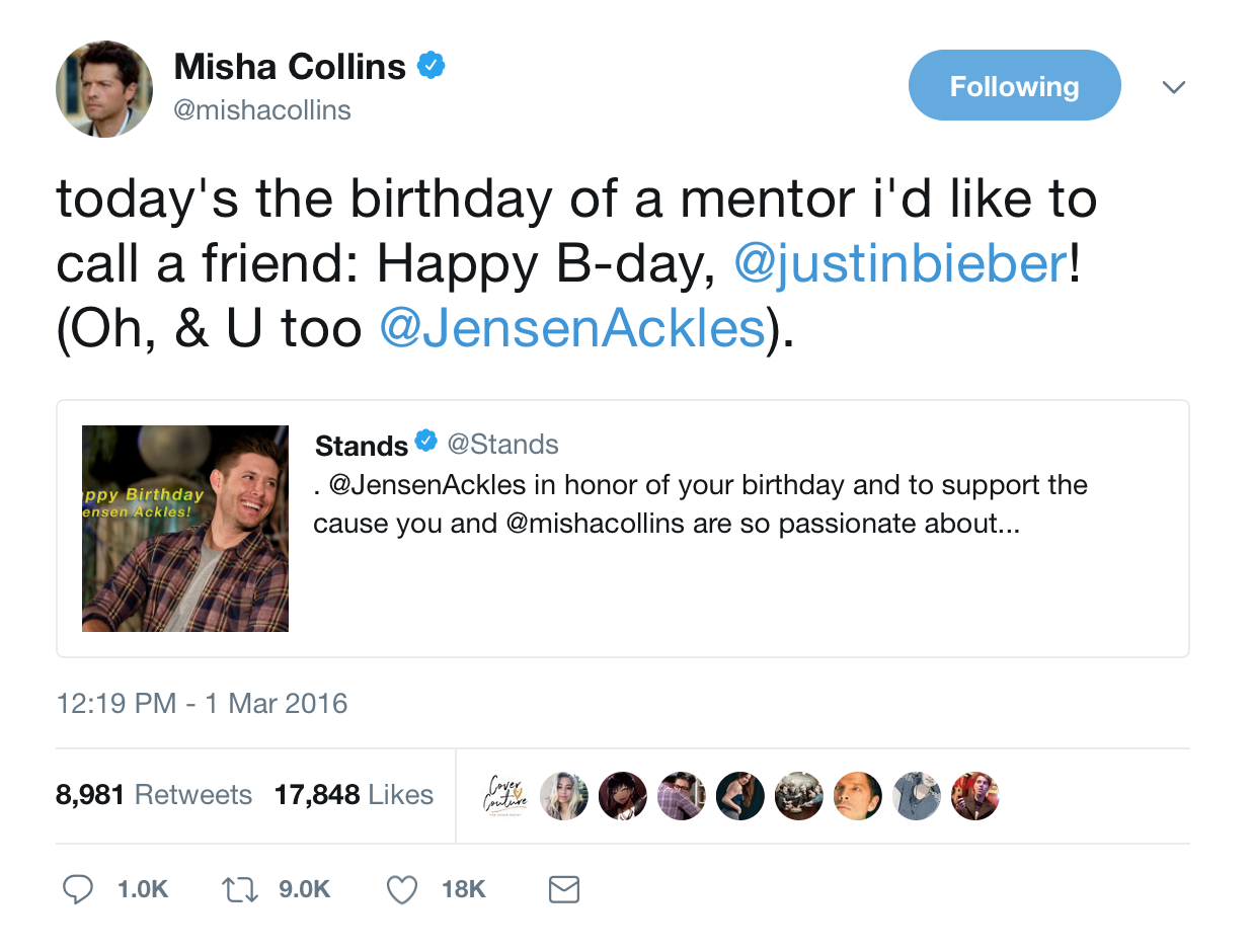 Misha Collins - Twitter - Jensen Ackles Birthday Message