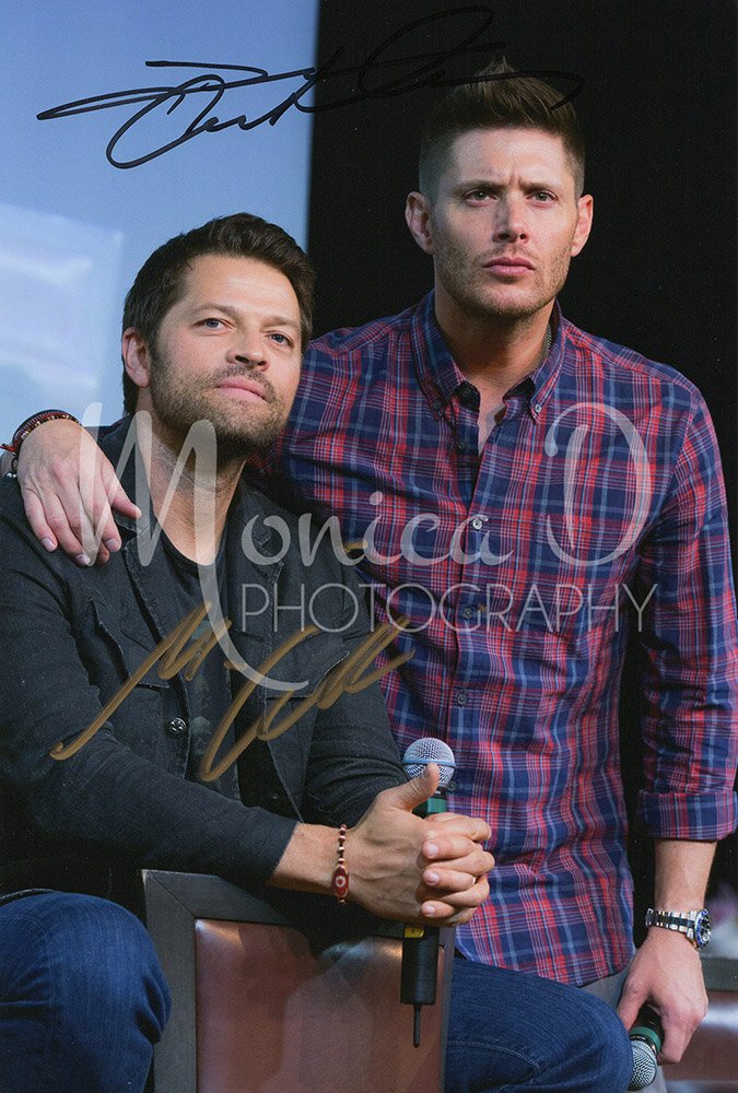 Ackles and Misha Collins on stage during the Jus in Bello Convention in Rome, Italy