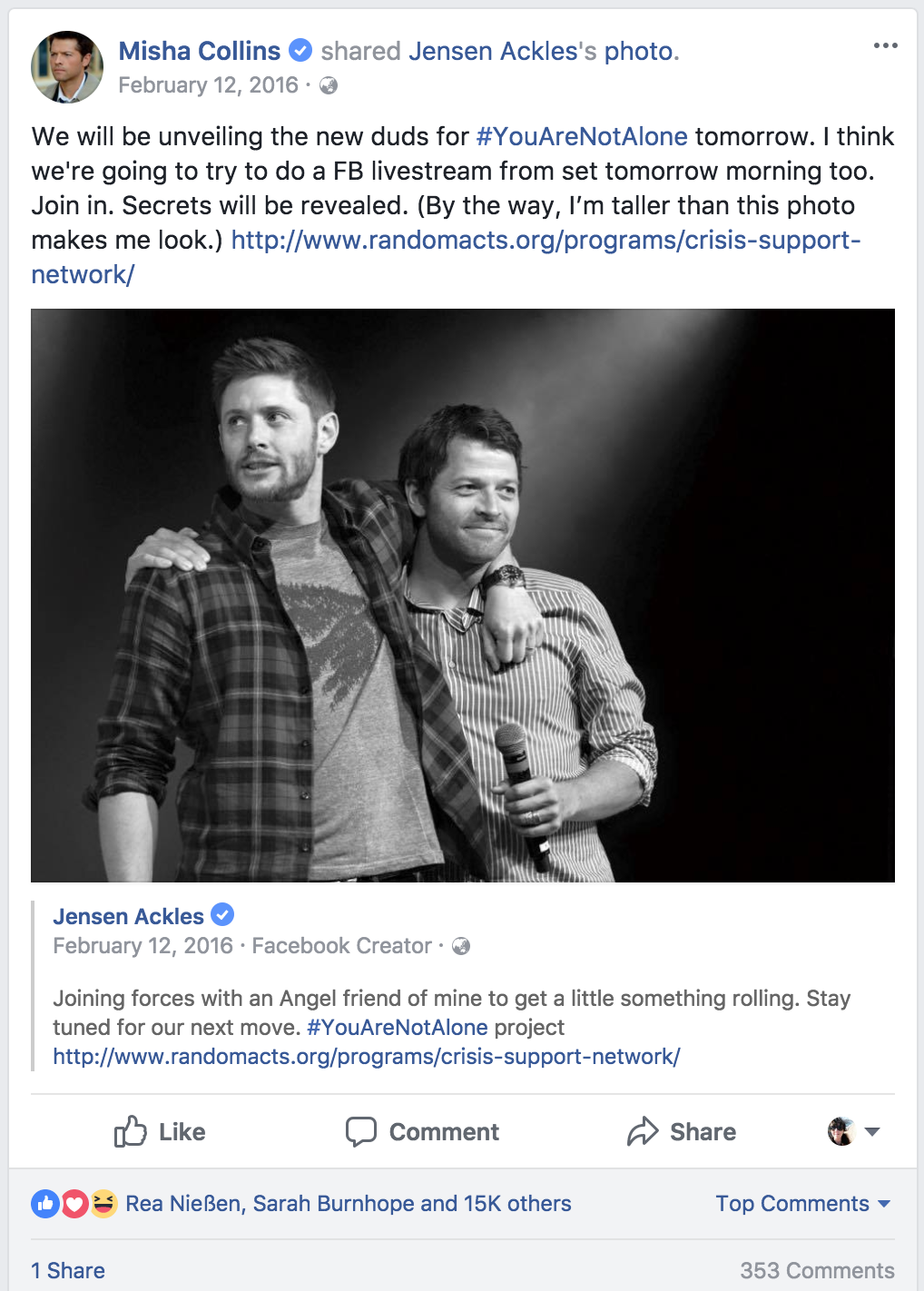 Misha Collins - Facebook Page - Your Are Not Alone Campaign