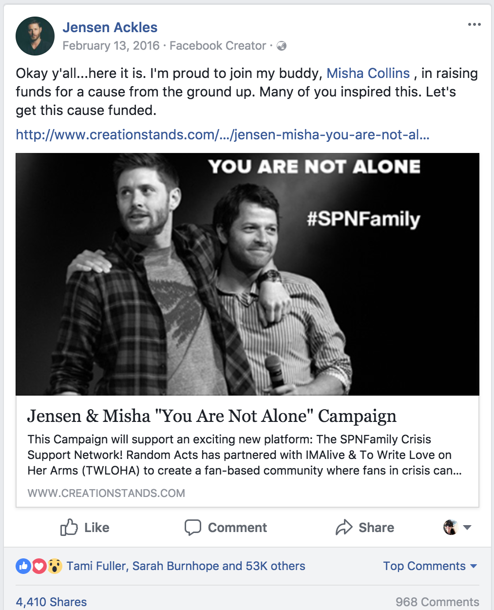 Jensen Ackles - Facebook Page - Your Are Not Alone Campaign